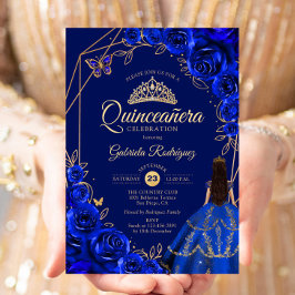 Quinceanera Royal Blue Gold Dress Floral 招待状