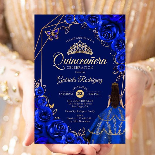 Quinceanera Royal Blue Gold Dress Floral 招待状