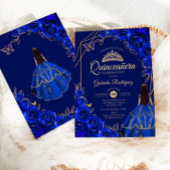 Quinceanera Royal Blue Gold Dress Floral 招待状