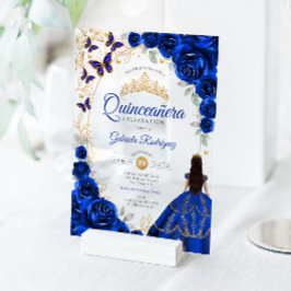 Quinceanera Royal Blue Gold Floral アクリル招待状