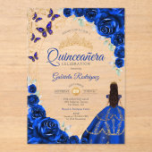 Quinceanera Royal Blue Gold Floral アクリル招待状 (正面)
