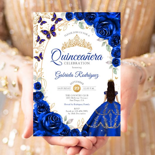 Quinceanera Royal Blue Gold Floral 招待状