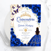 Quinceanera Royal Blue Gold Floral 招待状