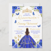 Quinceañera Royal Blue Princess Brunette Girl 招待状 (正面)