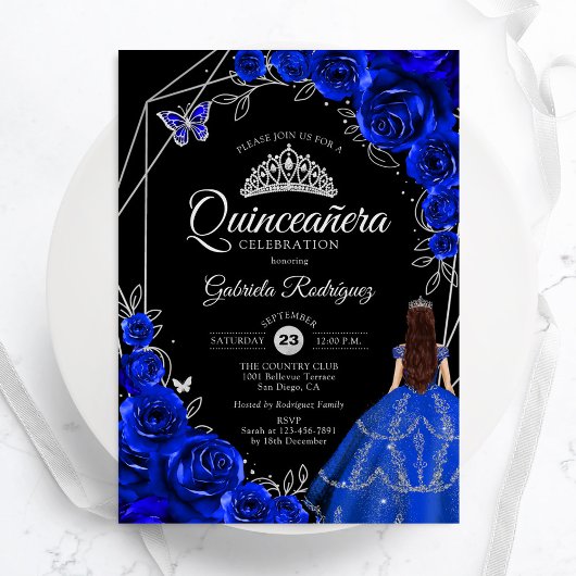 Quinceanera Royal Blue Silver Dress Floral 招待状