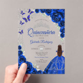Quinceanera Royal Blue Silver Floral アクリル招待状 (インサイチュ (ポータブル))