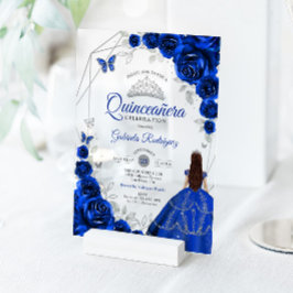Quinceanera Royal Blue Silver Floral Dress アクリル招待状