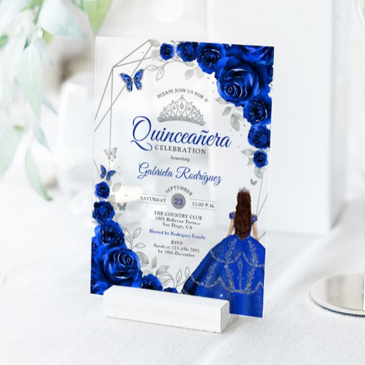 Quinceanera Royal Blue Silver Floral Dress アクリル招待状