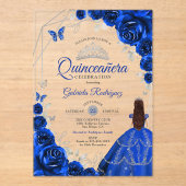 Quinceanera Royal Blue Silver Floral Dress アクリル招待状 (正面)