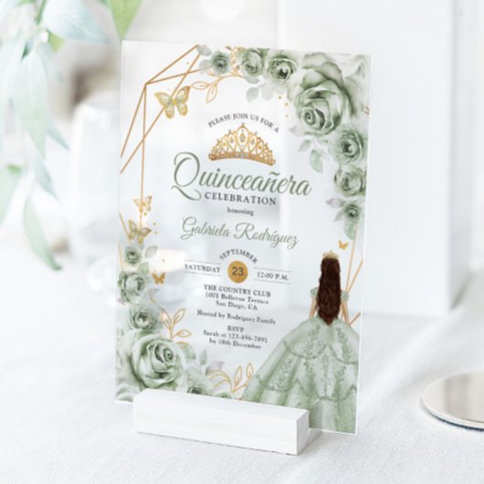 Quinceanera Sage Green Dress Floral Gold アクリル招待状