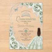 Quinceanera Sage Green Dress Floral Silver アクリル招待状 (正面)
