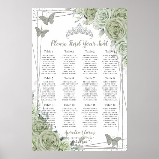 Quinceañera Sage Green Floral Silver Seating Chart ポスター (正面)