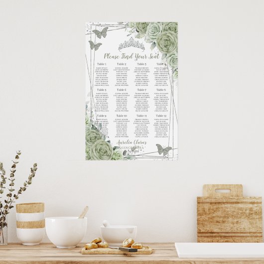 Quinceañera Sage Green Floral Silver Seating Chart ポスター (キッチン)