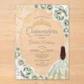 Quinceanera Sage Green Gold Floral アクリル招待状 (正面)
