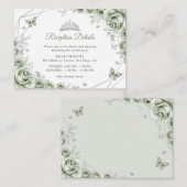 Quinceanera Sage Green Silver Floral Details エンクロージャーカード (正面/裏面)