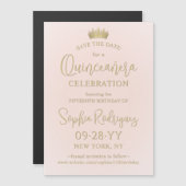 Quinceañera Save the Date Blush Pink & Gold Crown マグネット招待状 (正面/裏面)