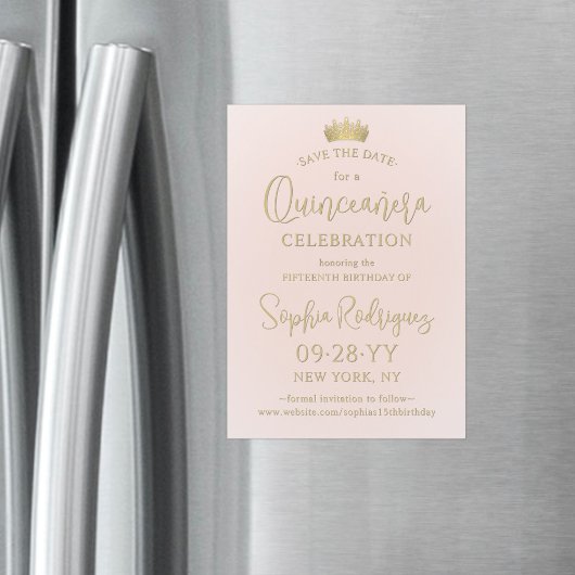 Quinceañera Save the Date Blush Pink & Gold Crown マグネット招待状