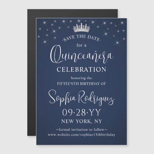 Quinceañera Save the Date Elegant Navy Blue マグネット招待状 (正面/裏面)