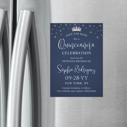 Quinceañera Save the Date Elegant Navy Blue マグネット招待状