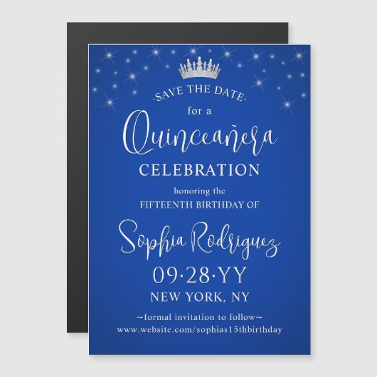 Quinceañera Save the Date Elegant Royal Blue マグネット招待状 (正面/裏面)