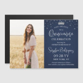 Quinceañera Save the Date Photo & Stars Navy Blue マグネット招待状 (正面/裏面)