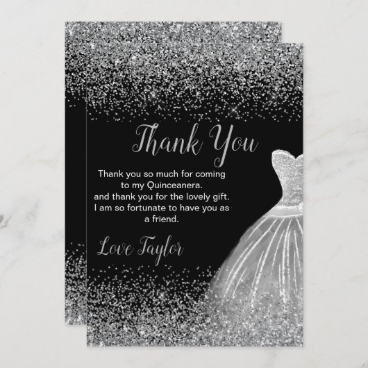 Quinceanera Silver Dress Faux Glitter サンキューカード (正面/裏面)