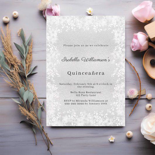 Quinceanera silver snowflakes elegant party 招待状