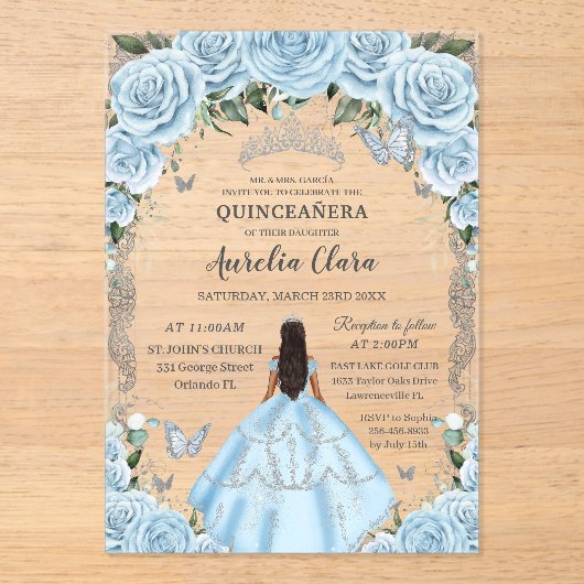 Quinceañera Sky Blue Floral Dress Tan Princess  アクリル招待状 (正面)