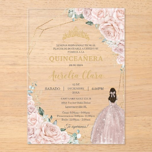 Quinceañera Soft Blush Pink Roses Floral 15 Años アクリル招待状 (正面)
