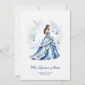 Quinceañera Sophisticated Blue Floral Garland 招待状 (正面)