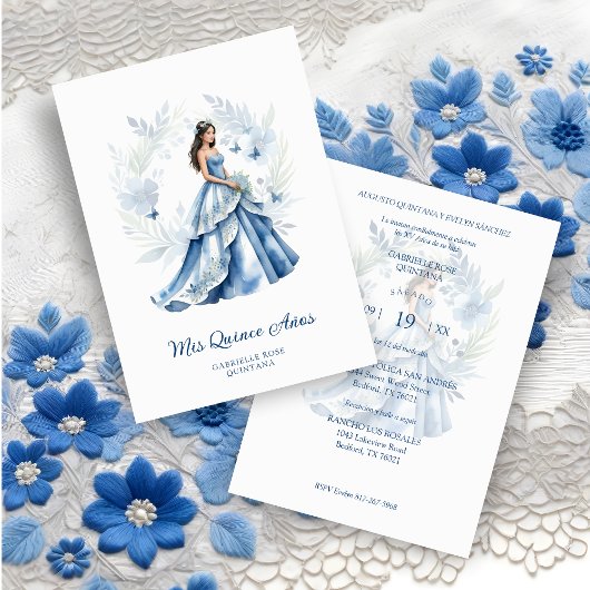 Quinceañera Sophisticated Blue Floral Garland 招待状