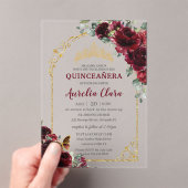 Quinceanera Sweet 15 16 Burgundy Floral Gold Arch アクリル招待状 (インサイチュ (ポータブル))