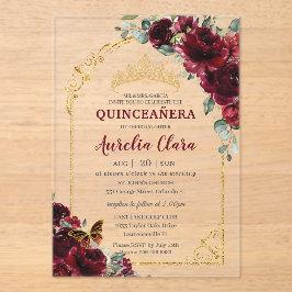 Quinceanera Sweet 15 16 Burgundy Floral Gold Arch アクリル招待状