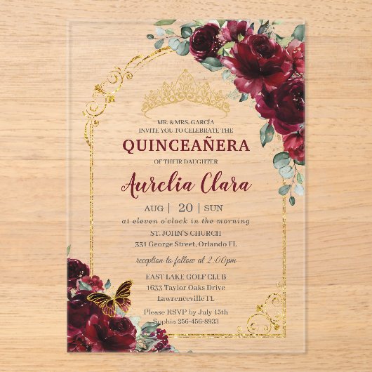 Quinceanera Sweet 15 16 Burgundy Floral Gold Arch アクリル招待状 (正面)