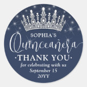 Quinceañera Thank You Elegant Crown Navy Blue ラウンドシール (正面)