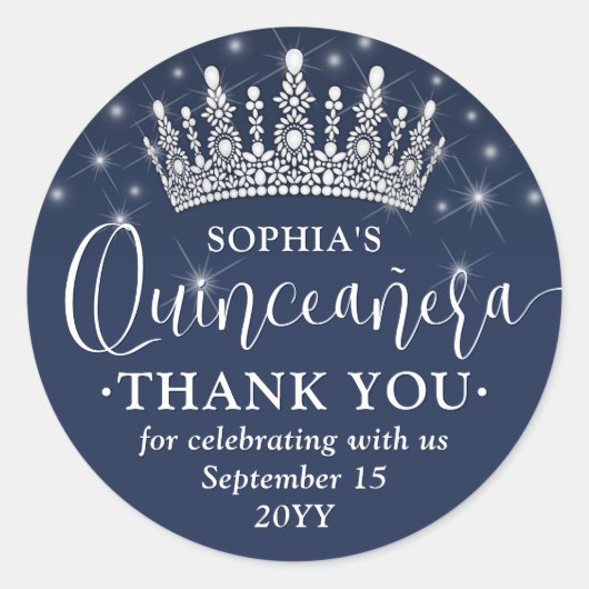 Quinceañera Thank You Elegant Crown Navy Blue ラウンドシール (正面)