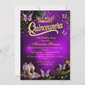 Quinceanera Tiara Gold Purple Butterflies 15th 招待状 (正面)