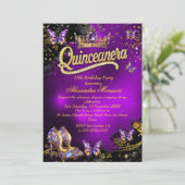 Quinceanera Tiara Gold Purple Butterflies 15th 招待状 (スタンド正面)