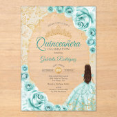 Quinceanera Turquoise Gold Floral アクリル招待状 (正面)