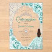 Quinceanera Turquoise Silver Floral アクリル招待状 (正面)