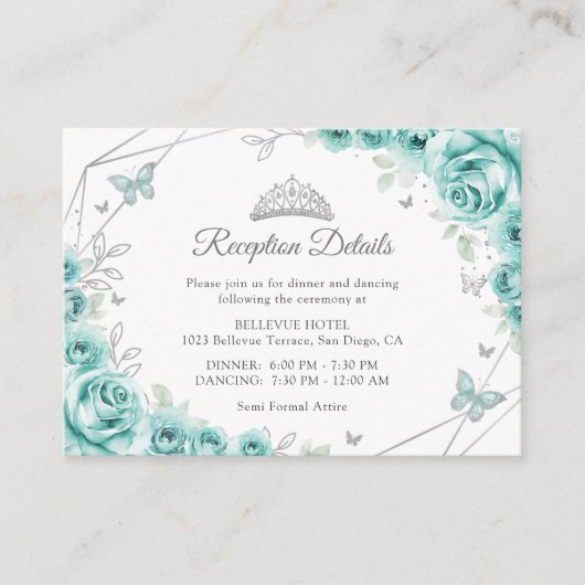 Quinceanera Turquoise Silver Floral Details エンクロージャーカード (正面)