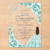 Quinceanera Turquoise Silver Floral Dress アクリル招待状 (正面)