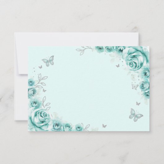 Quinceanera Turquoise Silver Floral Reply 出欠カード (裏面)