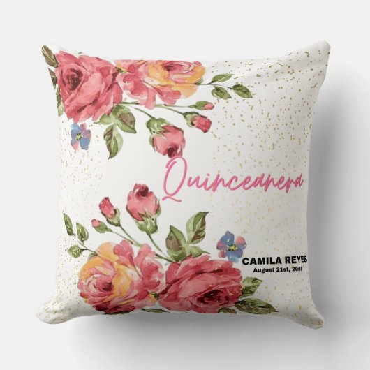 Quinceanera Vintage Red Roses Personalized  クッション (正面)