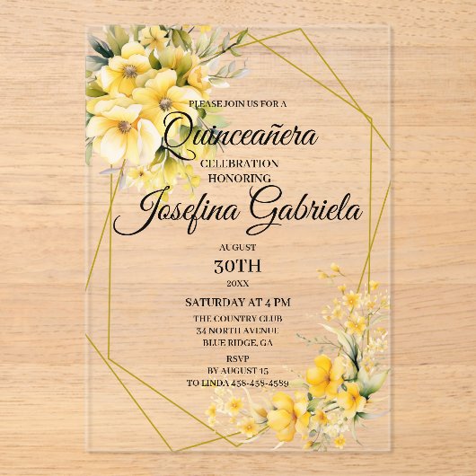 Quinceanera Yellow Gold アクリル招待状 (正面)