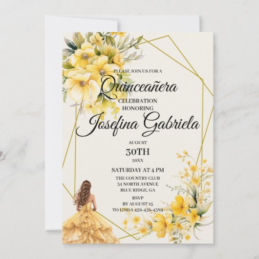 Quinceañera Yellow Gold Invitation 招待状 (正面)