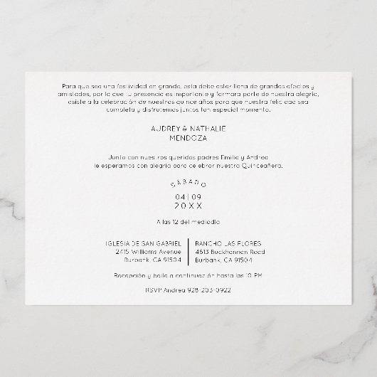 Quinceañeras Sisters Spanish Whimsical Typography 箔招待状 (裏面)