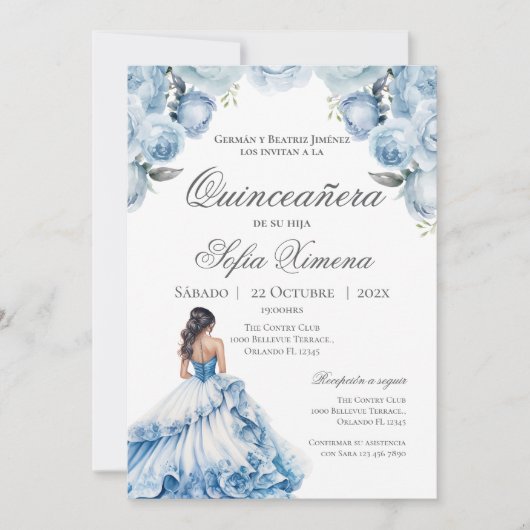 Quincenera Invitation in Spanish Blue 招待状 (正面)