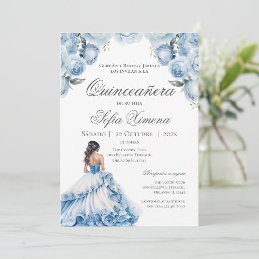 Quincenera Invitation in Spanish Blue 招待状 (スタンド正面)
