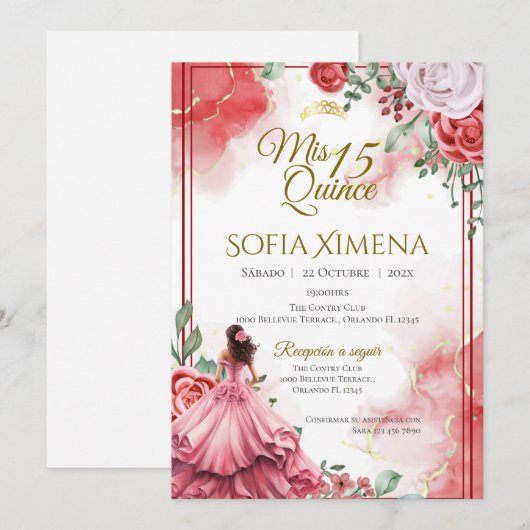 Quincenera Invitation in Spanish Boho 招待状 (正面/裏面)